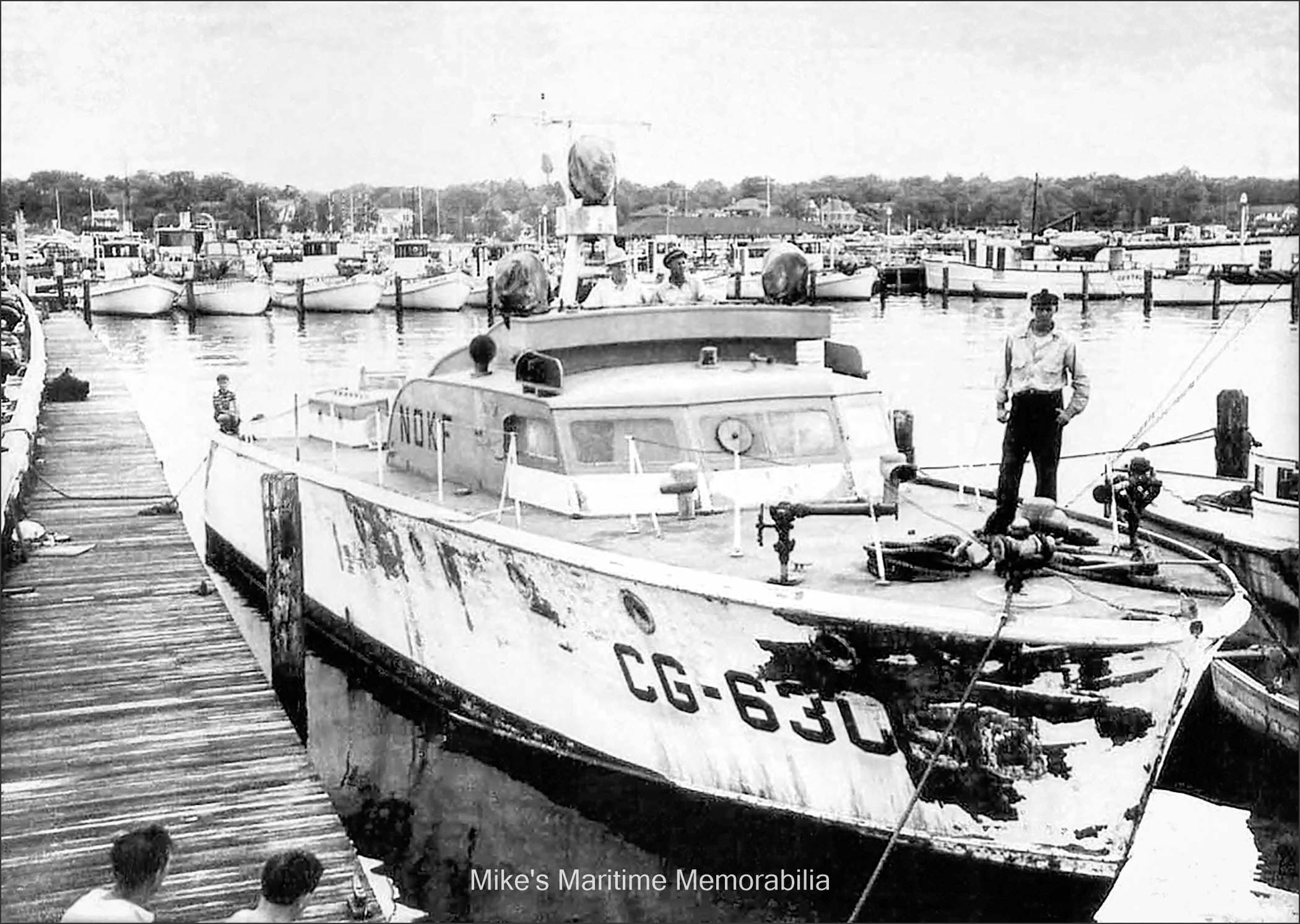 BOBBY II, Belmar, NJ – 1949 In 1944, a 63-foot Air Sea Rescue boat was built by the Herreshoff Manufacturing Co. at Bristol, RI as the U.S. Navy "C-77461" and later transferred to the U.S. ARMY as the "P-651" and then transferred to the U.S. Coast Guard as the "CG-63050". Five years later, in 1949, Captain Dave Shinn purchased the boat as surplus and converted it for party boat fishing. He named it the "BOBBY II". This photo shows the "BOBBY II" when she arrived at Belmar, NJ in 1949. She still had her US Coast Guard name "CG-63050" painted on her hull. In the right background is the "GERTRUDE H".
