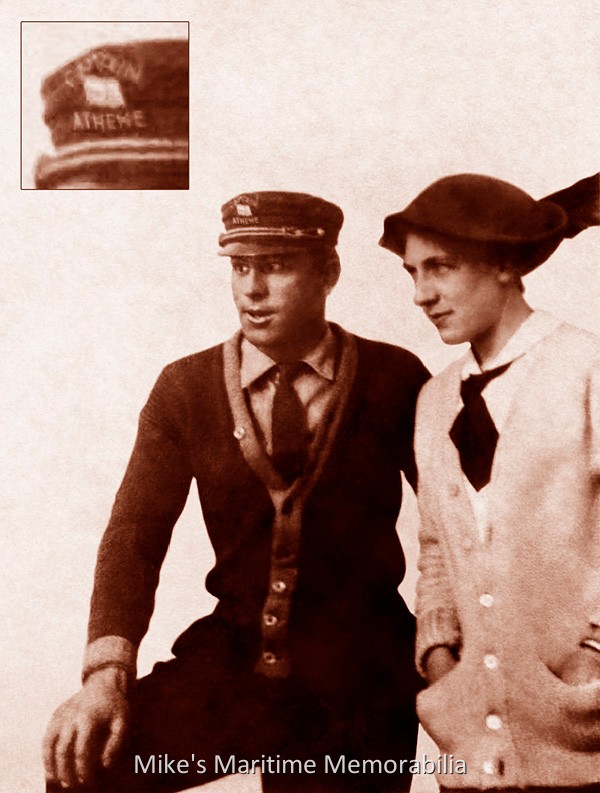 Captain Dave Martin Sr. and wife Helen, Brooklyn, NY – 1913 This vintage portrait photo shows the young couple, Captain Dave Martin Sr. and his wife Helen. The Captain's hat worn by Captain Martin reads "ATHENE", which was the second party boat the Martin brothers owned and operated from Sheepshead Bay, Brooklyn, NY. (In 1910, the Martin brothers purchased their first boat, the "SPRAY".) Captain Dave Martin later owned and operated the famous party boat "GIRALDA" for over thirty years and was one of the pioneers of the era who specialized in wreck fishing. Captain Martin and his vessel the "GIRALDA" later served during World War II transporting rubber for the war effort on the Amazon River. At the conclusion of the war, he downsized to a smaller vessel, the "ROARING FORTY IV", and in 1949, he retired to Stuart, FL where he became a citrus farmer. Captain Martin returned to New York during the summer months to work as the chief engineer for the Circle Line tour boat fleet sailing from Manhattan.