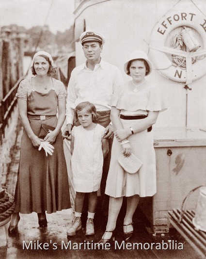Wrege Family, EFFORT III, Brooklyn, NY – 1932 The Wrege family poses for a family photo aboard the "EFFORT III" at Sheepshead Bay, Brooklyn, NY in 1932. Pictured from left to right are Ida Wrege, Captain Fred Wrege, and daughters Myra and little Gloria (standing in front of her Dad.) Many years later, Gloria would marry Captain Charles VanDerVoort, who would later take over the helm of the "EFFORT". Photo courtesy of the Captain Fred Wrege and Captain Charles VanDerVoort Families.