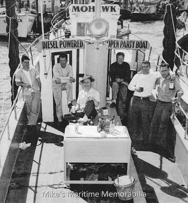 MOHAWK, Point Pleasant Beach, NJ – 1956 Captain Joe Burns was hosting a little 'dock party' among friends aboard his "MOHAWK" in 1956. Shown standing from left to right is Captain George 'Blacky' Walsh, Captain Joe Burns, Captain Harold 'Smitty' Smith, Mike Duncan and Captain John Chapman. The man sitting is an unknown regular customer. The "MOHAWK" was built in 1929 at Brooklyn, NY and originally sailed as the "HELEN H". She later became the "FIDUS" from that same port, and she was briefly named the "ELLEN S" before making her way to Point Pleasant Beach, NJ. She was later sold and relocated to Wildwood, NJ. Photo courtesy of Cathy and 'Blacky' Walsh.