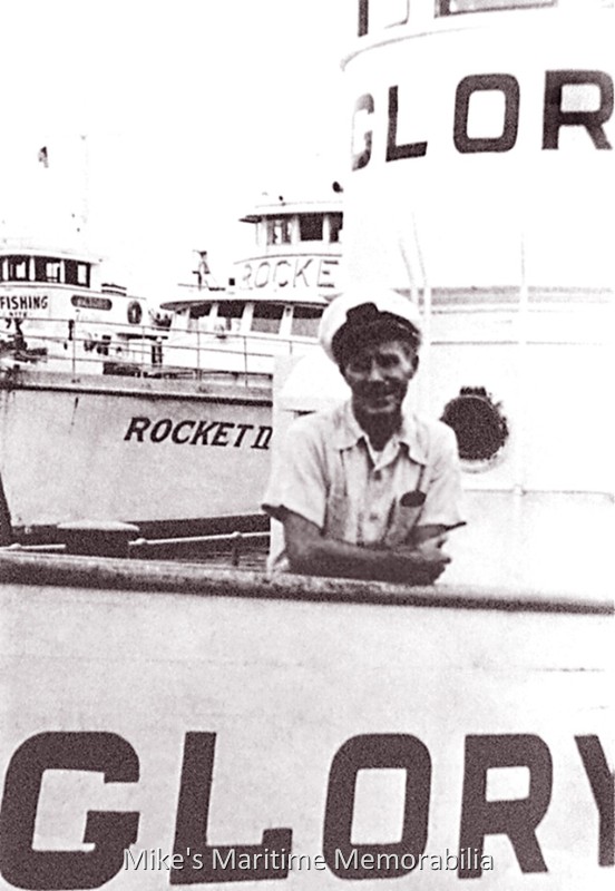 Captain Jacob 'Chubby’ Martin Jr., GLORY, Brooklyn, NY – 1960 Jacob 'Chubby' Martin Jr. standing in the bow of the "GLORY", Sheepshead Bay, Brooklyn. Captain 'Chubby' Martin took over the helm of the "GLORY" from his father, Jacob 'Jake' Martin Sr. in 1932 when they purchased the steam yacht "SACHEM". Photo Courtesy of Ed Keefe Jr.