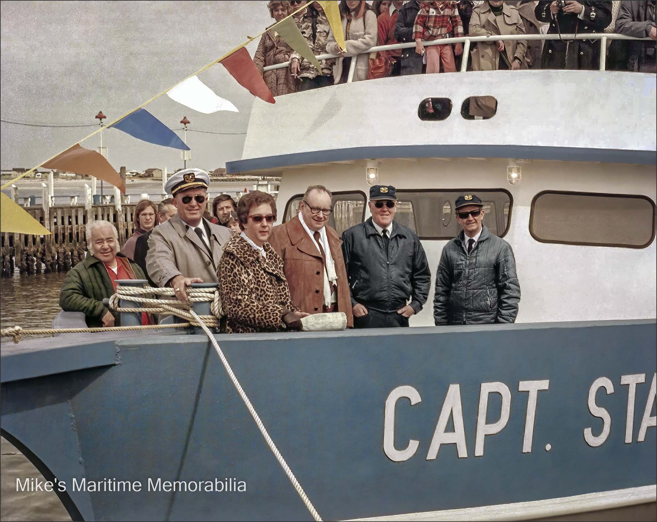 Christening of the CAPT. STARN VI, Atlantic City, NJ – 1975 The "CAPT. STARN VI" christening in March 1975 at Atlantic City, NJ. Standing in the bow with the white captain's hat is Captain Clarence "Skeetz" Apel and to his right, his wife Barbara. Further to the right are Starn's Manager, George Crook and Captain Burt Whitaker. The photo is courtesy of Ann Apel Eble.