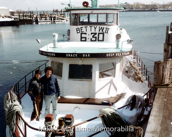 Captains Gerry Nappi and Al Coley, Brooklyn, NY – 1978 Captain Gerry Nappi of the "TRAVELER" is shown with Captain Al Coley aboard his "BETTY W II" at Sheepshead Bay after a snowfall during the winter of 1978. Captain Nappi continues to be active in the Sheepshead Bay party boat scene and Captain Coley moved on from fishing to work aboard the Staten Island Ferry Service and has since retired to sunny Florida. Photo courtesy of Captain Gerry Nappi.