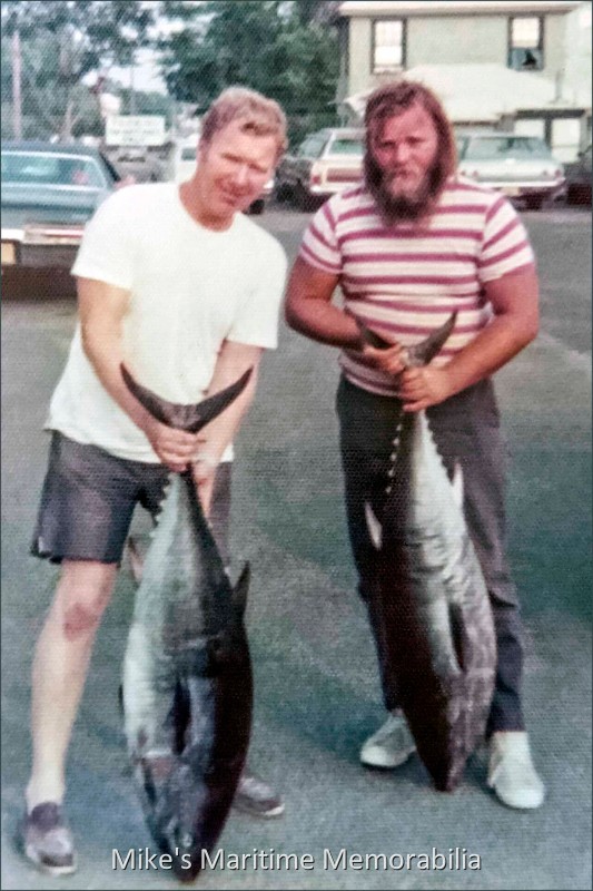 Captains Barry Goldman & George Bachert, Highlands, New Jersey – 1975 This photo of Barry Goldman and George Bachert was taken in 1975 before Captain Barry started his "Ol' SALTY" charter fishing business at Belmar, NJ. The two were fishing on Barry's 25-foot Bertram, the "WHY KNOT" at Highlands Marina, Highlands, NJ. Captain Barry is now retired, but Captain George still operates the "ANGLER" party fishing boat from Atlantic Highlands, NJ.