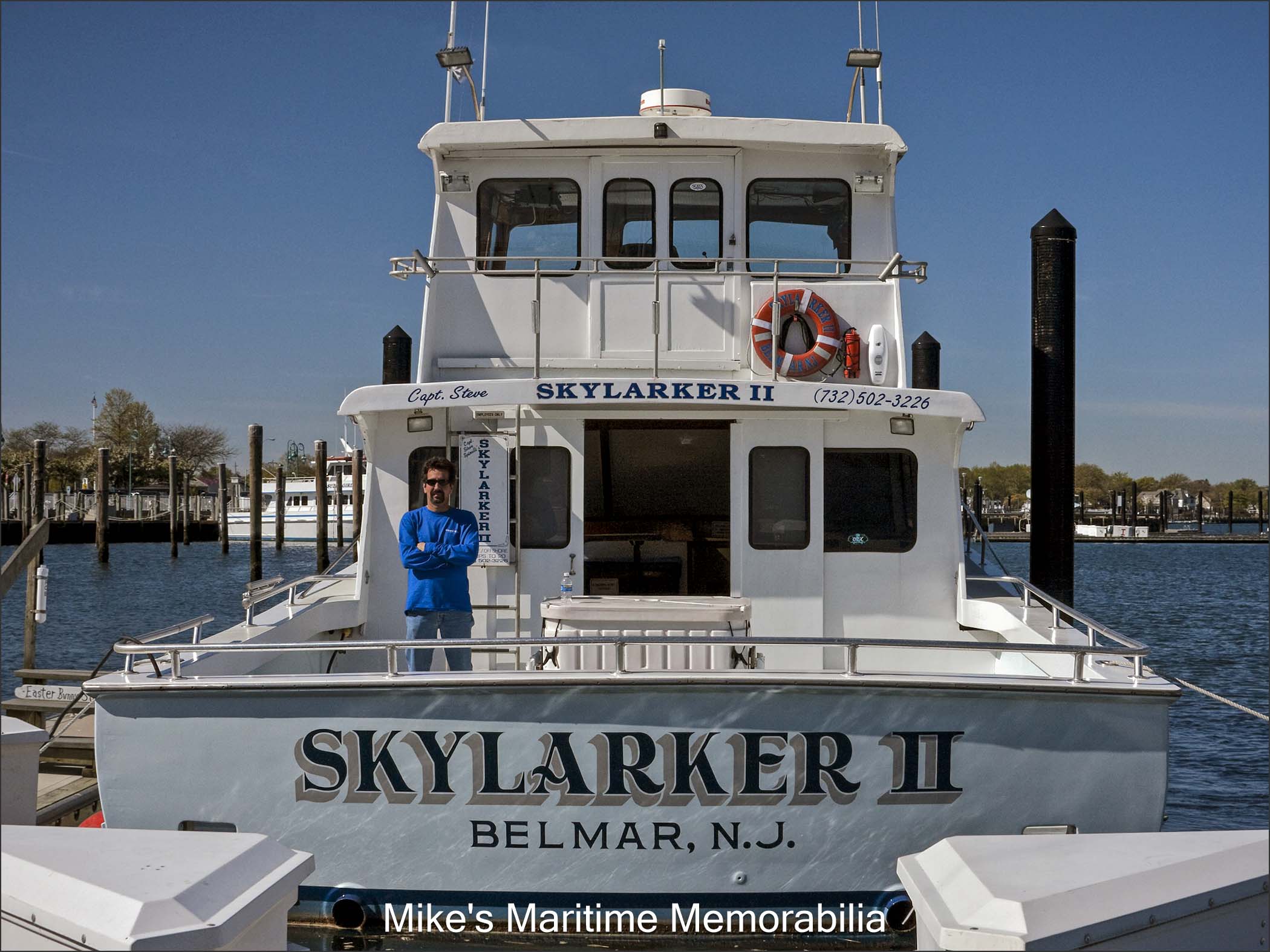 SKYLARKER II, Belmar, NJ – 2010 Captain Steve Spinelli at the stern of his "SKYLARKER II" from Belmar, NJ in April 2010. Captain Steve purchased the "SKYLARKER II" in 1996 from Captain Ken Namowitz and continued to operate her from Belmar, NJ. The "SKYLARKER II" was built in 1980 and is considered a Gillikin-built boat; the builder, Mervin Rose of Rose Craft, previously worked for the Gillikin family for many years. Captain Steve later took the boat back to Gillikin for repairs and removed the gin poles and about two feet of the cabin roof overhang. She later sailed as the "SEA NYMPH" and as the "BANTAM" before becoming the "SHOWTIME" from Block Island, RI.