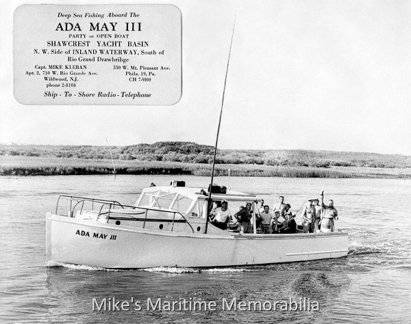 ADA MAY III, Wildwood, NJ – 1951 Captain Mike Kleban's "ADA MAY III" from Wildwood, NJ circa 1951. Built in 1940 at Amburg, VA, she was originally owned by Captain Bill Schaudt.