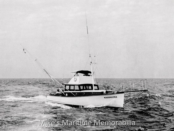 MAGDALENA, Brielle, NJ – 1957 The "MAGDALENA" was built in 1936 by Adam Price at Parkertown, NJ for Captain Henry Hessler who operated it as a charter boat until 1955. Captain Hessler then sold the "MAGDALENA" to Captain Raymond Messemer who ran it with his son until 1970. Photo courtesy of Captain Raymond Messemer.