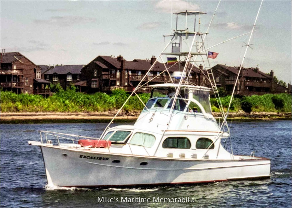 EXCALIBUR, Belmar, NJ – 1992 Captain Christopher Huch's charter boat "EXCALIBUR" returns to Belmar, NJ in August of 1992. She was built in 1958 by Norseman Yachts at Miami, FL and originally sailed as the "VENTURE" and later as the "ROMP" before being purchased by Captain Paul Huch, who relocated her to Belmar, NJ in 1974. She continued to sail from Belmar until 2002 when she was dropped from documentation. Her present fate is unknown.