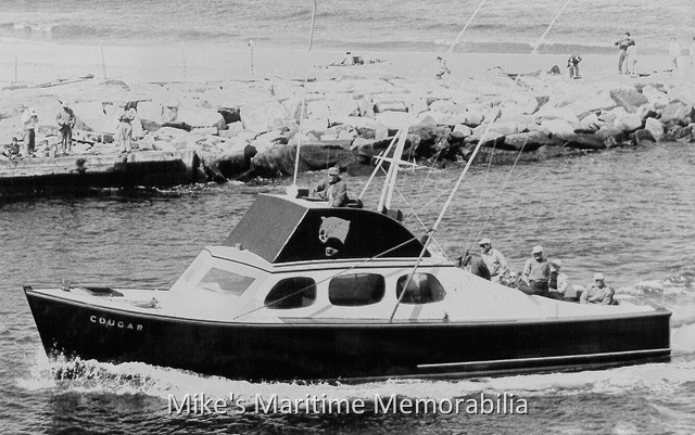 COUGAR, Belmar, NJ – 1950 In this 1950 photo, Captain John 'Harry' Dilman's charter boat "COUGAR" is shown entering Shark River Inlet. Built in 1948 at Avon, NJ by Captain Dilman, the "COUGAR" sailed from Belmar, NJ. Photo courtesy of Captain Joe Galluccio.