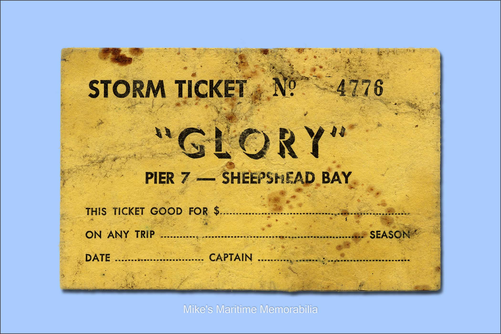 GLORY Storm Ticket, Sea Bright, NJ – 1975 Ned Lloyd, a resident of Sea Bright, NJ at the time, recovered this storm ticket from the wreck of Captain John D. O'Leary's "GLORY" from Sheepshead Bay, Brooklyn, NY. The 105-foot "GLORY" ran aground on a foggy night in May 1975 and broke apart fifty feet from the seawall at Normandie Beach in Sea Bright, NJ. Ned recovered this storm ticket from among the debris along the sea wall and kept it for over thirty years, and after discovering the history of the "GLORY" on this site, sent us this great piece of history. Although her foundering was the result of a failed diesel engine, it marked the conclusion of an era. The "GLORY" was the last of many converted luxury yachts that operated as party fishing boats in the New York Bight. (The "GLORY" was built in 1896 at Weymouth, MA as the steam-powered luxury yacht "INDOLENT" and began party boat fishing in 1914.) Storm tickets were handed out to passengers on party boats when fishing time was shortened because of bad weather. It is indeed ironic that one of the last pieces of memorabilia from the "GLORY" is a storm ticket.