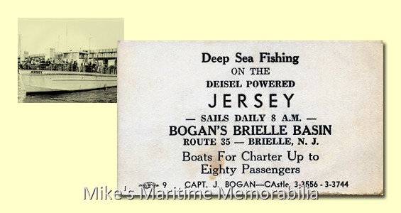 JERSEY Fare Ticket, Brielle, NJ – 1960 The "JERSEY" was another of the Bogan family's surplus military boats that they converted for party boat fishing. She was originally built in 1945 as the World War II Higgins PT Boat "PT-305".