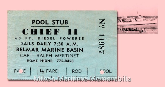CHIEF II Fare Ticket, Belmar, NJ – 1967 A fare ticket from Captain Ralph Mertinet's "CHIEF II" from Belmar, NJ circa 1967. She was one of the many Price-built vessels to fish the Jersey Shore during this era. Low profile boats like the "CHIEF" were a perfect platform for fluke fishing.