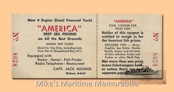 AMERICA Fare Ticket, Sheepshead Bay – 1971 Captain Jackie Michael's "AMERICA" from Sheepshead Bay, Brooklyn, NY was one of the oldest names in fishing from this port. The AMERICA vessels fished from Sheepshead Bay for over 75 years from 1914 to 1990.