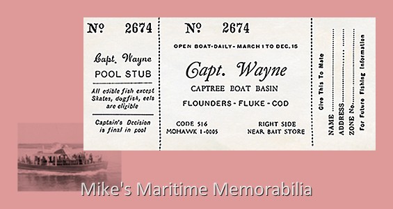 CAPT. WAYNE Fare Ticket – 1960 A fare ticket from Captain Wayne Westerlind's 'Little Red Boat', the "CAPT. WAYNE", Captree, NY circa 1960. This 50-footer was built in 1955 at Deltaville, VA . Photo and ticket courtesy of Lee Westerlind.