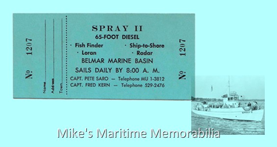 SPRAY II Fare Ticket – 1960 She was built in 1914 at Brooklyn, NY as Captain John Michaels' "AMERICA" from Sheepshead Bay, Brooklyn, NY. In 1948, Captain Pete Saro Sr. purchased her and moved her to Belmar, NJ. In 1961, Captain Fred Kern purchased the "SPRAY II" and continued to sail her from Belmar, NJ under the same name. Ticket courtesy of Captain Fred Kern.