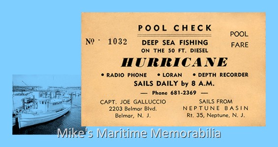 HURRICANE Fare Ticket – 1965 A 1965 fare ticket from Captain Joe Galluccio's "HURRICANE", Neptune, NJ. The "HURRICANE" was the first party boat that Captain Joe purchased. She was originally Captain Ralph Pennel’s "COCK ROBIN" from Point Pleasant Beach, NJ.