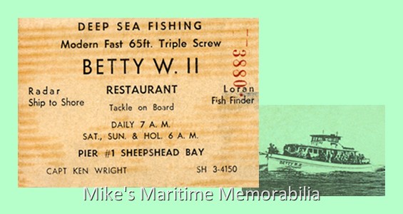 BETTY W II Fare Ticket – 1961 A 1961 fare ticket from Captain Ken Wright's "BETTY W II" from Sheepshead Bay, Brooklyn, NY. Built in 1959 by the Scott McBurney' Boat Yard at Brooklyn, NY, she later became the "SUNSHINE III".