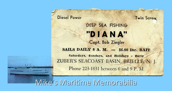 DIANA Fare Ticket – 1970 A 1970 fare ticket from Captain Bob Ziegler's "DIANA" from Brielle, NJ. She was built in 1931 on the banks of the Raritan River at New Brunswick, NJ.
