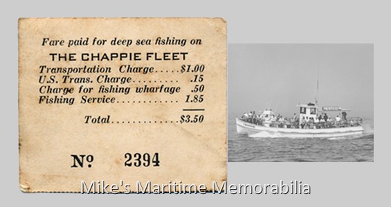 CHAPPIE Fare Ticket – 1950 A 1950 fare ticket from the "CHAPPIE", Brielle, NJ. The "CHAPPIE" specialized in Fluke fishing and was operated by Captain George Chapman Sr. and Captain John Chapman. Ernest Fiedler built the "Chappie" in 1937 at Brooklyn, NY and she later became the "MISS MANASQUAN".