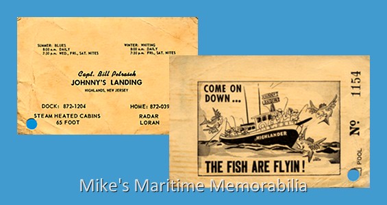 JOHNNY'S LANDING Fare Ticket – 1962 Some party boat fare tickets were quite amusing like this one for Captain Bill Petrasek's "HIGHLANDER" from Highlands, NJ. Artist Rich Corbett's whimsical cartoon shows anglers enjoying themselves with what could be flying Sea Robins. Yikes! Ticket courtesy of Captain John Bogan Jr.