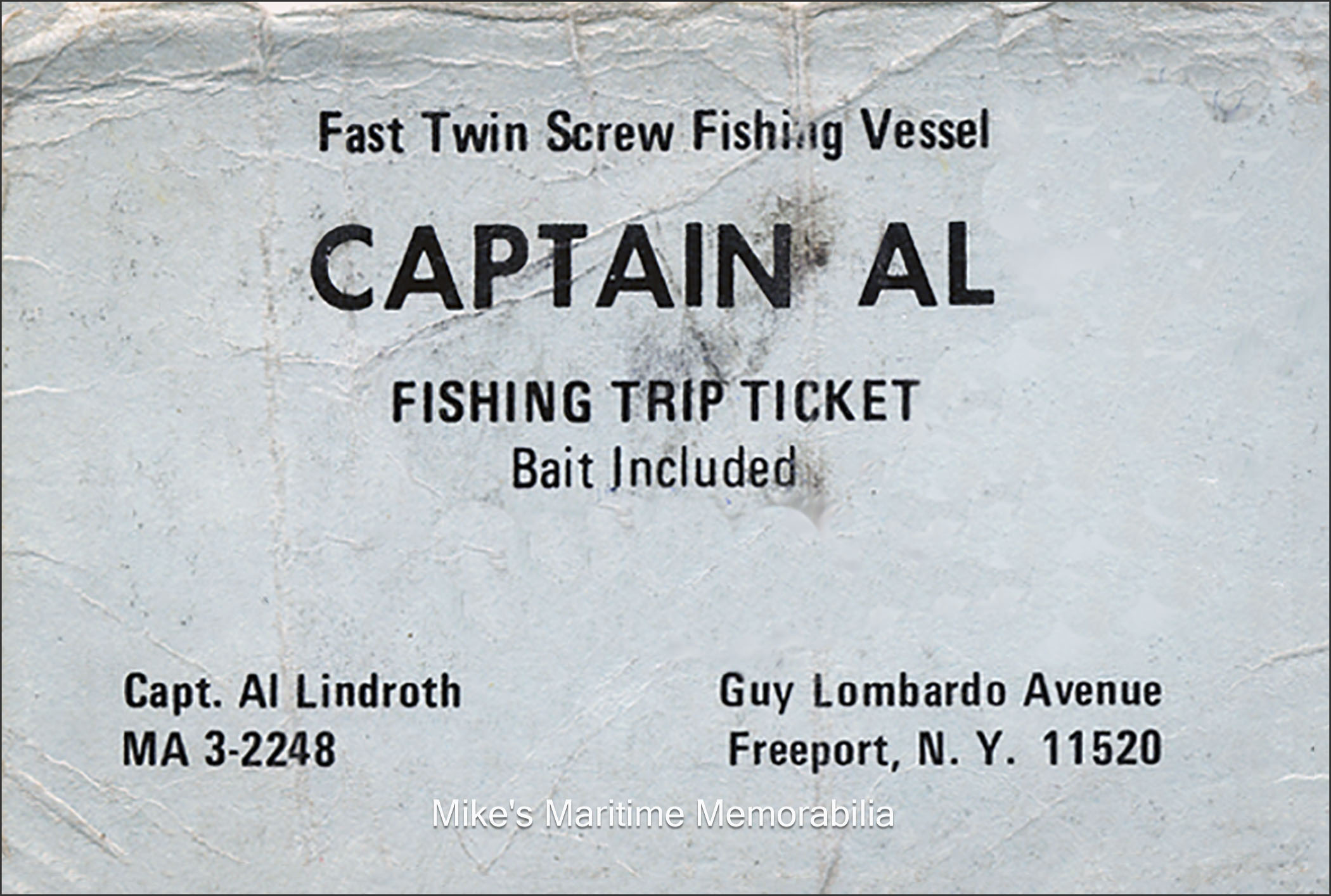 CAPTAIN AL Fare Ticket, Freeport, NY – 1985 Fare ticket from Captain Al Lindroth's "CAPTAIN AL" from Freeport, NY circa 1985.