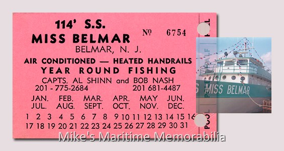 S.S. MISS BELMAR Fare Ticket, Belmar, NJ – 1984 The "S.S. MISS BELMAR" was built in 1973 by Gulf Craft Inc. She joined the Belmar, NJ fleet in September 1973, and she was the first all-aluminum party boat to sail from New Jersey.