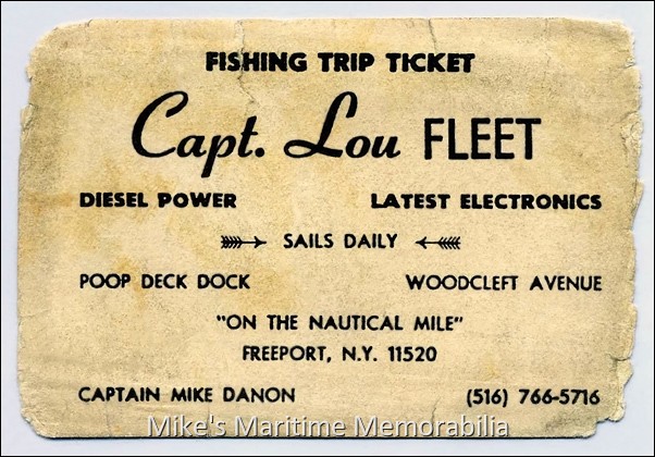 CAPT. LOU FLEET Fare Ticket – 1986 A 1986 fare ticket from Captain Mike Danon's "CAPT. LOU FLEET" sailing from Freeport, NY. Ticket courtesy of Michael Solomon.