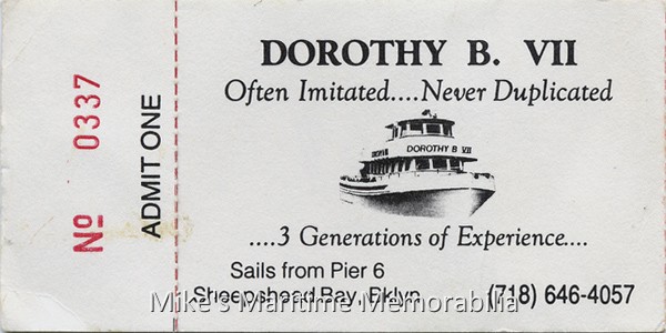 DOROTHY B VII Fare Ticket, Brooklyn, NY – 1988 Fare ticket from Captain Kevin Bradshaw's "DOROTHY B VII", Sheepshead Bay, Brooklyn, NY circa 1988.