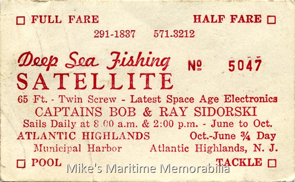 SATELLITE Fare Ticket, Atlantic Highlands, NJ – 1983 Fare ticket from Captains Bob and Ray Sidorski's "SATELLITE", Atlantic Highlands, NJ circa 1983.