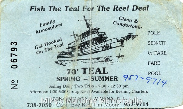 TEAL Fare Ticket, Leonardo, NJ – 1987 Fare ticket from Captains Eve, Fred, Rich and Tim Moore's "TEAL", Leonardo, NJ circa 1987.