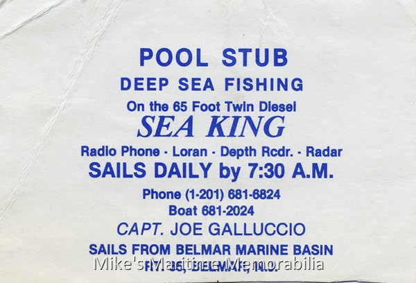 SEA KING Fare Ticket, Belmar, NJ – 1985 Fare ticket from Captain Joe Galluccio's "SEA KING", Belmar, NJ circa 1985.