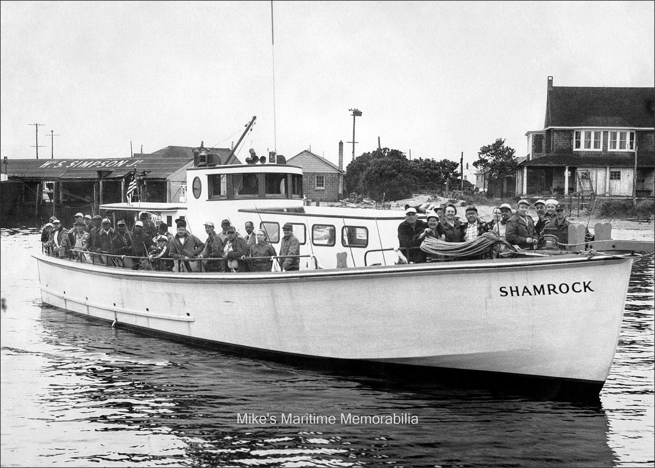 SHAMROCK, Point Pleasant Beach, NJ – 1955 Captain 'Jack' Bogan's "SHAMROCK" from Point Pleasant, NJ circa 1955. She was built in 1953 by the Van Sant Boat Yard at Atlantic City, NJ and she was the first party boat ever built with a flush deck, that is, her cabins and heads were located on the main deck. In 1971, Captain 'Jack' sold the boat to his mate, Bob Pennington and she became his first "SEA DEVIL". The photo is courtesy of Captain 'Jack' Bogan Sr.