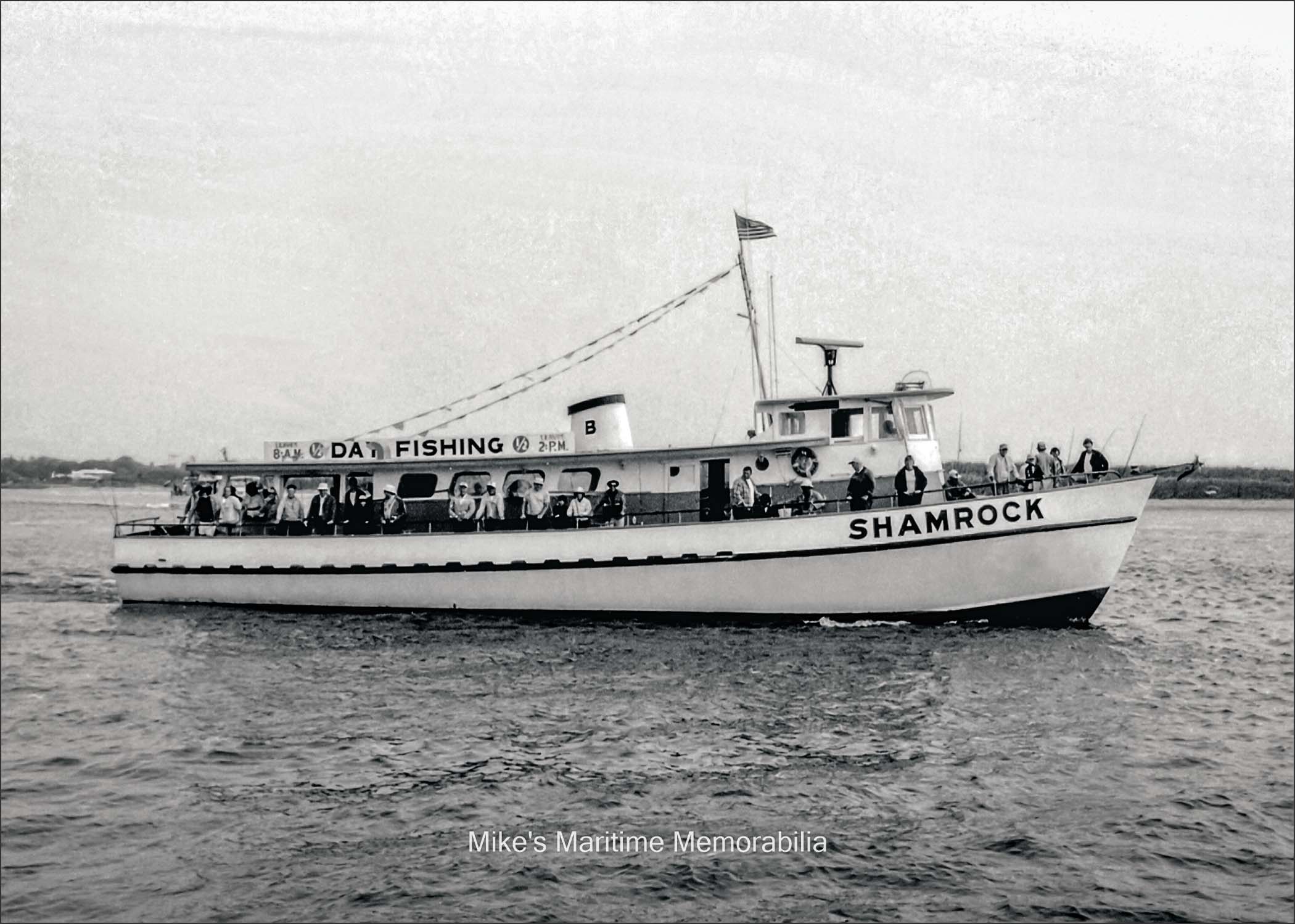 SHAMROCK, Point Pleasant Beach, NJ – 1975 Captain 'Jack' Bogan's "SHAMROCK" from Point Pleasant Beach, NJ circa 1975. Sutton Boat Works built this steel hulled vessel in 1966 at Tarpon Springs, FL and she first sailed as Bill Ennis' "CAPTAIN BILL II" from Tarpon Springs, FL. After sailing as 'Jack' Bogan's "SHAMROCK", she was sold in 1984, relocated to Sheepshead Bay, Brooklyn, NY and sailed as Mickey Hipper's "SHAMROCK". The federal government confiscated the "SHAMROCK" in 1985 and later sold her at auction. She has since been completely remodeled and is presently sailing on the St. Croix River as the dinner cruise vessel "AFTON PRINCESS" from Afton, MN. The photo is courtesy of Captain 'Jack' Bogan Sr.