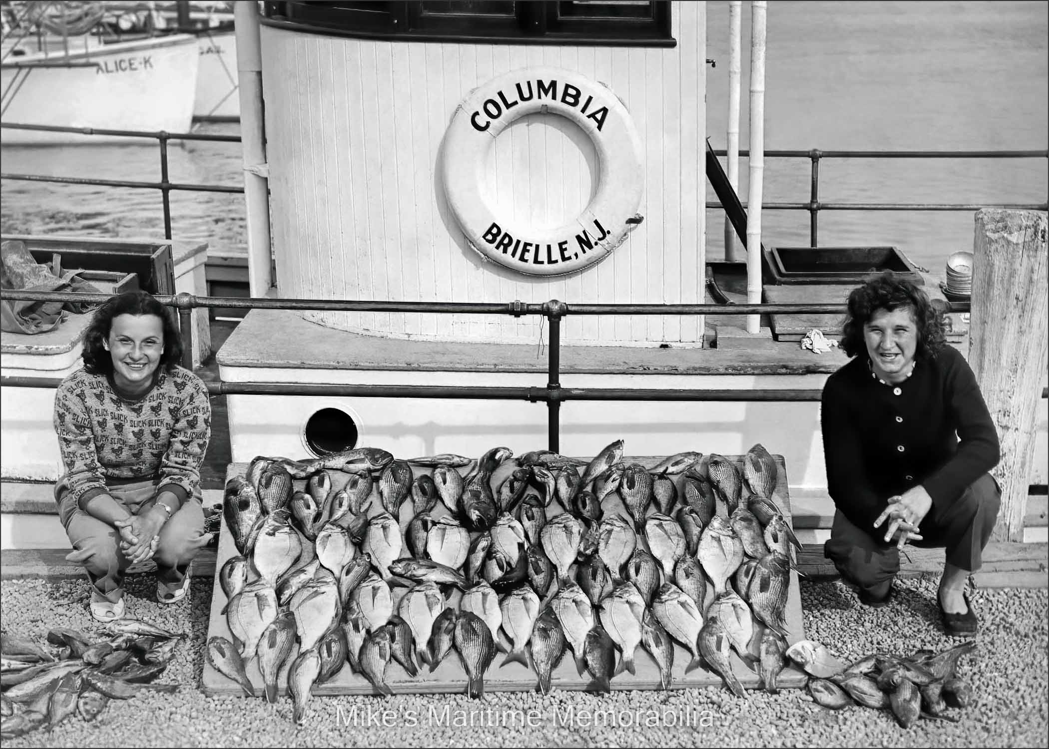 COLUMBIA, Brielle, NJ – 1954 "COLUMBIA" Porgy and Black Sea Bass catch circa 1954. An Edward Scheckler, Sea Girt, NJ photograph.