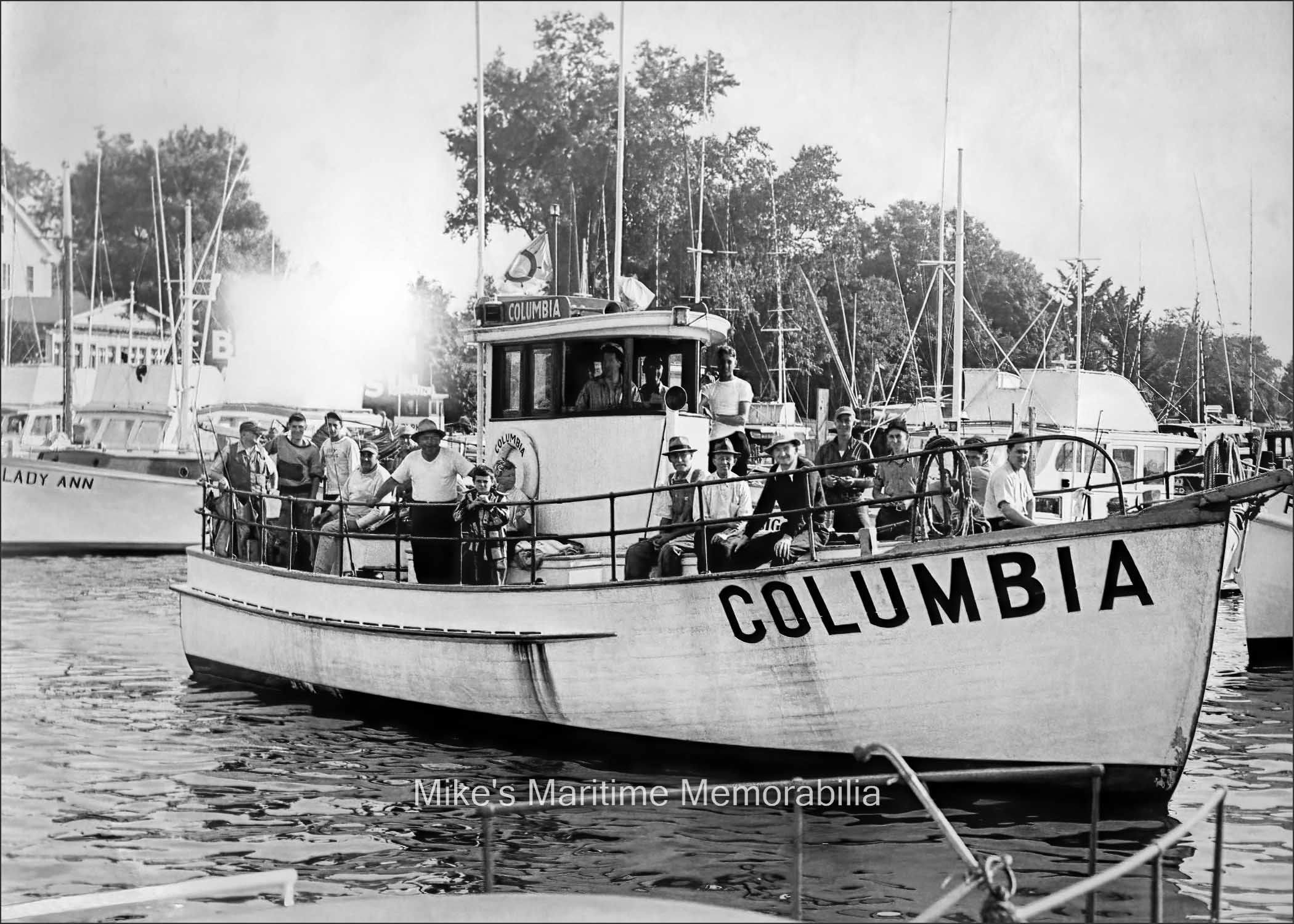COLUMBIA, Brielle, NJ – 1947 The "COLUMBIA" departing the dock on June 30, 1947. The "COLUMBIA" was a 45-footer built in 1940 by the Johnson Brothers Boat Works at Bay Head, NJ for the Bogan family and operated by Captains Jack Bogan and Fred Laub. An Edward Scheckler, Sea Girt, NJ photograph.