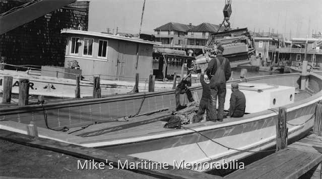 SHAMROCK, Point Pleasant Beach, NJ – 1953 Workers installing the diesel engines into Captain John Bogan's new "SHAMROCK" at Van Sant Shipyard at Atlantic City, NJ circa 1953. Photo Courtesy of Captain John 'Jack' Bogan Sr.
