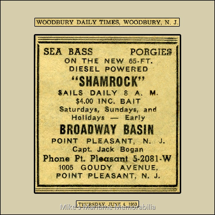 SHAMROCK Advertisement – 1953 Captain Jack Bogan ran this fishing advertisement for the "SHAMROCK" in the Woodbury Daily Times newspaper during 1953.