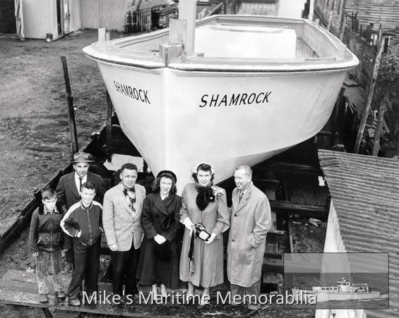 SHAMROCK, Point Pleasant Beach, NJ – 1953 The Bogan family celebrates the hull launch of their new "SHAMROCK" at the Van Sant Boat Yard, Atlantic City, NJ in 1953. Pictured from right to left are Captain Jack Bogan, his wife, Elsie, his sister Mildred Birdsall and her husband James, son Bob Bogan Sr., nephew John Grady Sr. and James Goodwin, a good customer. Captain Jack sailed the "SHAMROCK" from Point Pleasant Beach, NJ and in 1971, Captain Bob Pennington bought the boat and she became his first "SEA DEVIL". Photo courtesy of Captain John Bogan Jr.