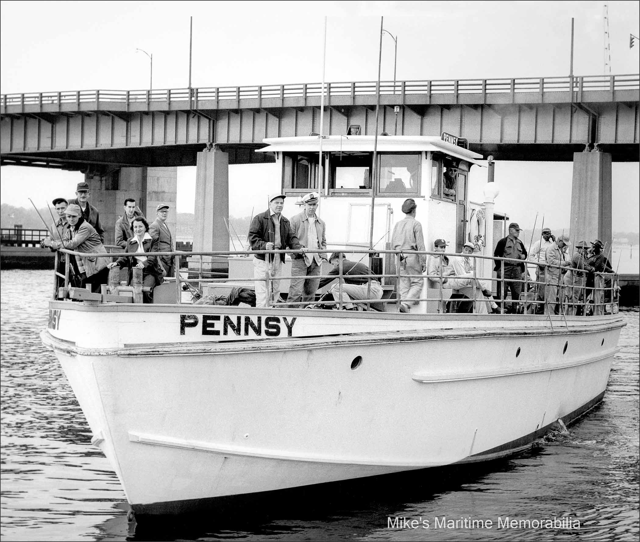 PENNSY, Brielle, NJ – 1956 The "PENNSY" from Brielle, NJ circa 1956. She was owned by the Bogan family and operated by Captain Roy Skillman. The "PENNSY" was a converted World War II PT Boat, the U.S. Navy "PT-547", built in 1943 by the Electric Launch Company (Elco) at Bayonne, NJ. US Coast Guard regulations when she was converted to party boat fishing required vessels longer than 65-feet to have an on-board engineer (along with a captain.) Since she was originally 78 feet in length, the Bogan family shortened her to 64-feet 11-inches to circumvent the requirement. In 1957, Captain Dave Bogan Sr. took over the helm of the "PENNSY". The Bogan family later sold her and she became Captain Al Wirth's "FALCON" from Atlantic Highlands, NJ. She last sailed as Joe Stanislawczyk's "FALCON" from Highlands, NJ and then was stored at a Staten Island, NY boatyard for a few years and was finally dismantled in 1991. The photo is courtesy of Captain Dave Bogan Sr.