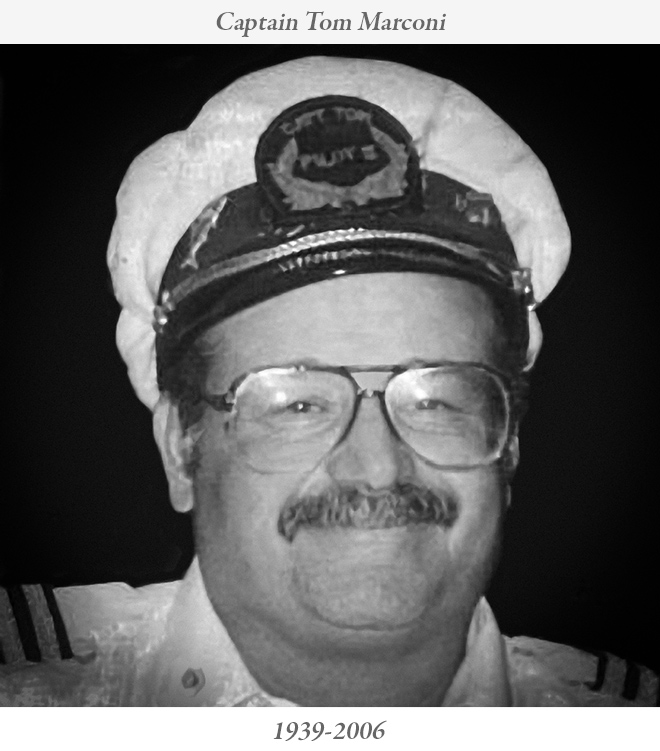 IN MEMORIAM – CAPTAIN THOMAS A. MARCONI 1939-2006 CAPTAIN THOMAS A. MARCONI of the Sheepshead Bay party boat PILOT II passed away on August 27, 2006. Captain Tom began his party boat career as the first mate aboard the original PILOT II with Captain Harry Phillips. When his mentor retired in 1974, Captain Tom took over the operation and for three decades, the PILOT II name continued to be the premier Blackfish and bottom fishing boat at Sheepshead Bay under his command. Captain Tom will always be remembered as being the perfect gentleman to his fellow boatmen, the customers who sailed aboard the PILOT II and his many friends. "First Boat Out!" Captain Tom was quoted in an October 31, 2004 New York Times article as saying "Social distinctions typically disappear when customers climb aboard. Whether they make a lot of money or whether they make less than an average income is really of no avail out here." said Captain Thomas Marconi, who has been operating the PILOT II for 40 of his 58 years. "They're all equal when they come on my boat." Captain Tom is survived by his wife Nina and son David, and to them and the rest of the Marconi family, we wish you peace. Captain Tom is in our prayers. God grant that I may fish until my dying day. And when it comes to my last cast, I then most humbly pray, When in the Lord's safe landing net I'm peacefully asleep, That in his mercy I be judged as big enough to keep.