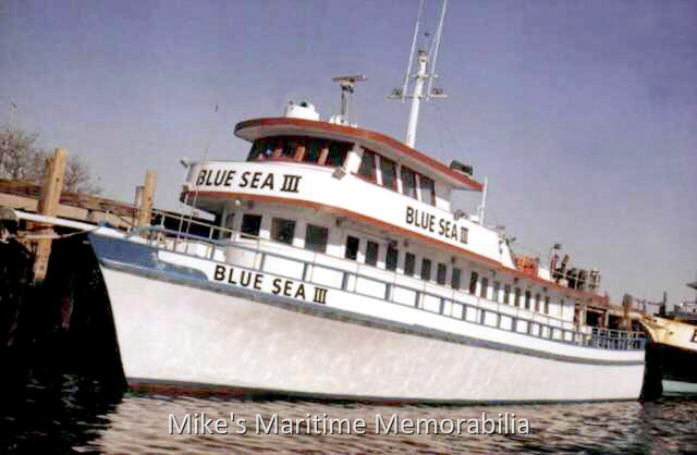 BLUE SEA III, Brooklyn, NY – 1985 The "BLUE SEA III" from Sheepshead Bay, Brooklyn, NY circa 1982. She was operated by Captain Nick Cannisi. She was built in 1966 by Covacevich Shipyard, Biloxi, MS. She came to Sheepshead Bay in 1976 and sailed as the "BLUE SEA III" until 1987 when she was sold to Captain Tom Marconi and became one of the many vessels that were named "PILOT II". Photo courtesy of Captain Andrew Nazzaruolo.