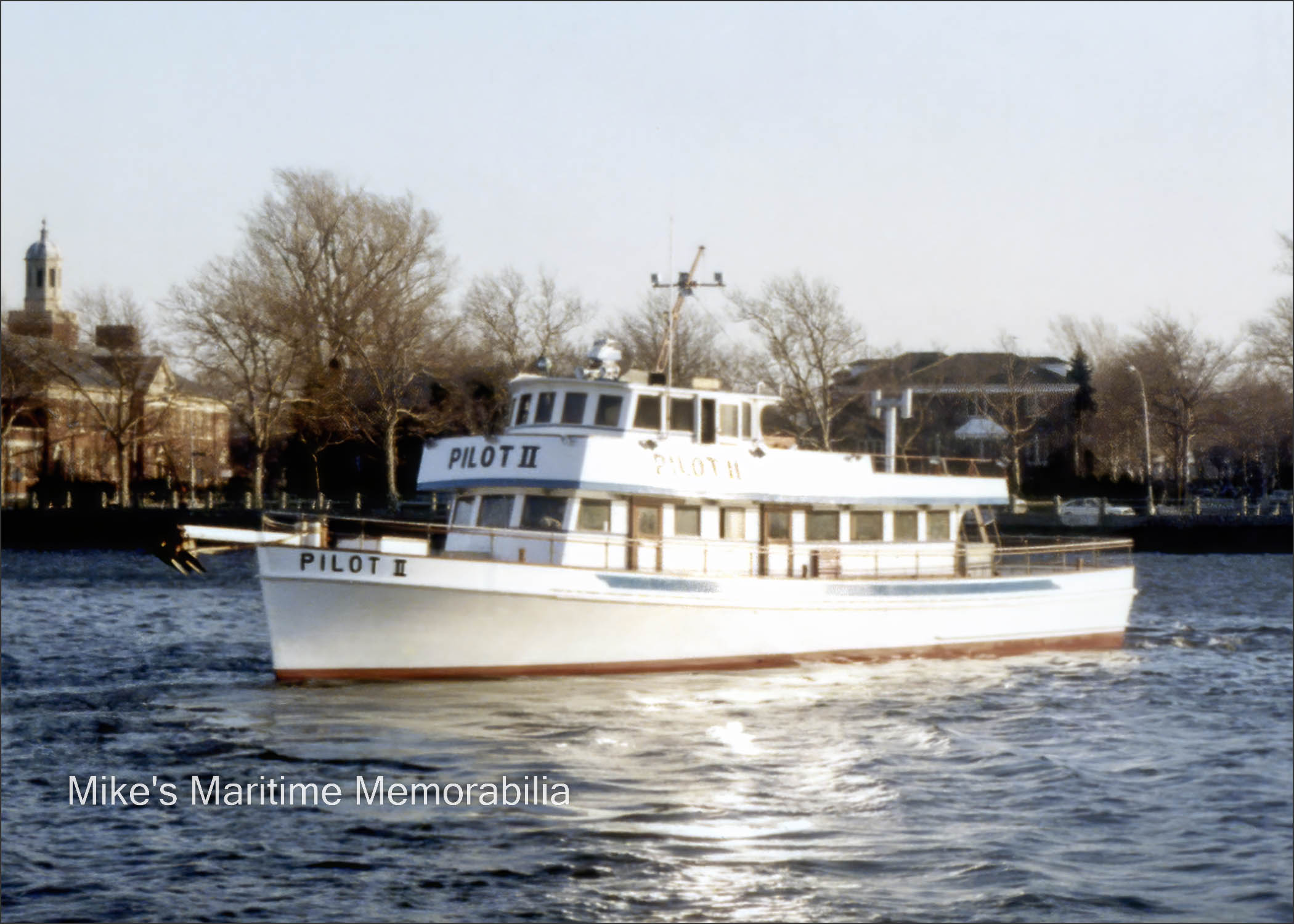 PILOT II, Brooklyn, NY – 1980 Captain Tommy Marconi's "PILOT II" from Sheepshead Bay, Brooklyn, NY circa 1983. She was built in 1964 by Gillikin Boat Works at Harkers Island, NC as Captain Stanley Joseph's "CAPT. JOSEPH II" from Captree, NY. She was originally powered by four GM 6-71 diesel engines turning three propellers (two engines were connected in tandem to the center propeller shaft), and was later modified to operate with three engines. During her tenure at Sheepshead Bay, she was considered THE Blackfish party boat. This photo was taken on March 5, 1985 by Sheepshead Bay photographer Harry Ostrow as the PILOT II returned from her annual trip to the shipyard. Sadly, there was an electrical fire during a Flounder fishing trip on the very next day and the "PILOT II" burned to the waterline and was beached at Sandy Hook. This is the very last photo taken of this boat.