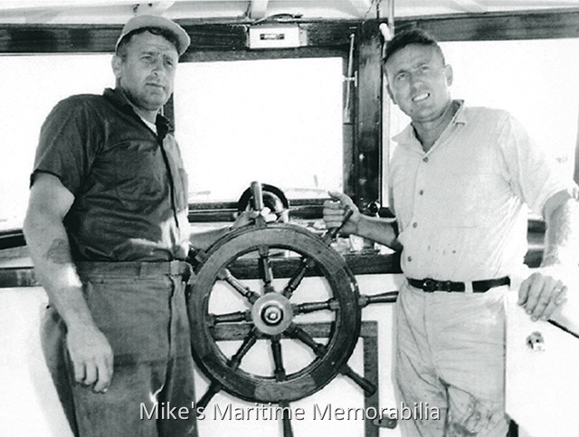 Captains Everett 'Eve' and Fred Moore, MISS MOORE, Great Kills, NY – 1963 Captain Everett 'Eve' Moore and Captain Freddie Moore at the helm of the brand new "MISS MOORE" circa 1963. The Moore brothers were the founders of the "TEAL / MISS MOORE" fleet at Great Kills, Staten Island, NY. The "MISS MOORE" was built in 1963 by Gillikin Boat Works, Harkers Island, NC and later became the "SEA WOLF" from Sheepshead Bay, Brooklyn, NY. Photo courtesy of Ken Ekberg.