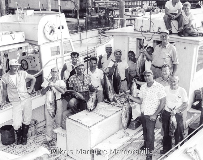 MISS MOORE Tuna, Great Kills, NY – 1960 This catch of school Bluefin Tuna was taken aboard the original "MISS MOORE" during the summer of 1960. During the following years, Captains Freddie and Eve Moore would go on to pioneer Tuna fishing from party boats. First Mate Ken Ekberg is shown looking on at the far left. Visible in the background is Captain Jimmy Carves' "BELBOY". Photo courtesy of Ken Ekberg.