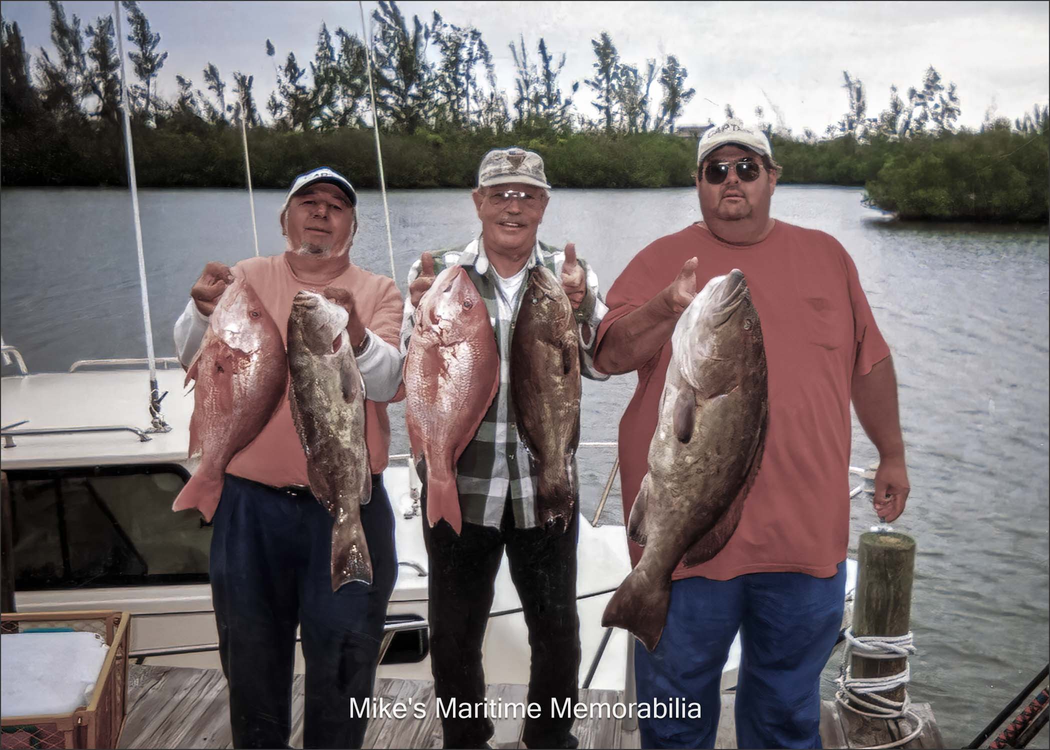 Captain Mickey fishing in Florida Captain Mickey with a Snapper and a Grouper. His friend "Big Jim" is in the middle and Dave Bogan Jr. is on the right. The photo is courtesy of Captain Dave Bogan Sr.