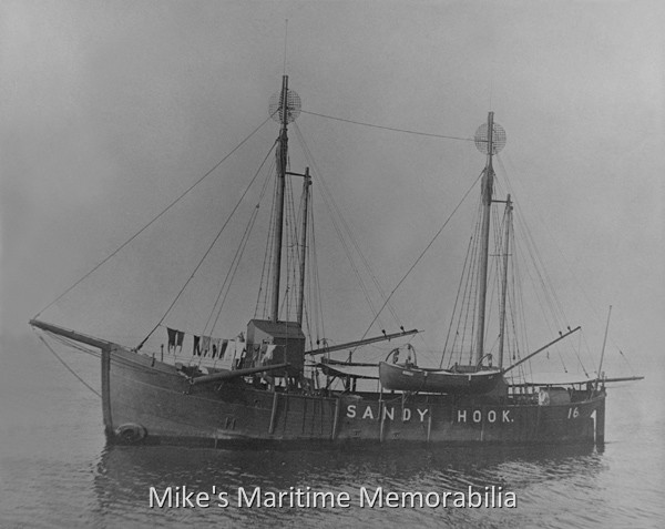 SANDY HOOK No. 16 LIGHTSHIP – 1890 The "Sandy Hook Lightship No. 16" standing watch at "Gedney Channel" circa 1890. "Gedney Channel" was the precursor to "Ambrose Channel" and was the main entranceway to the Port of New York. The Coast Guard has long since stopped maintaining "Gedney Channel", but its remains are still there and are fished by those who know its whereabouts. Good Fluke fishing turf. The No. 16 lightship was built in 1854 by J. M. Hood at Somerset, MA at a cost of $28,084. Its dimensions were 125' 8" LOA, 22' 6" Beam and 10' 4" Draft. When removed from service in 1932, it was the last US lightship powered by sail only.