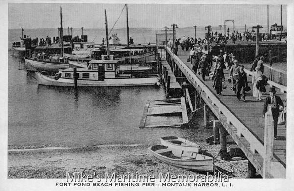 FORT POND BEACH PIER, Montauk, NY – 1938 This vintage 1938 photo was taken just after the party boat fleet returned to port, and it shows the passengers disembarking after a day of fishing. My, how fishing attire has changed over the years. Notice the suits, hats and neckties worn by many of the men and the women in dresses.