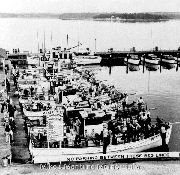 BELMAR MARINE BASIN, Belmar, NJ – 1948 This 1948 photo shows the early days of the Belmar party boat fleet. Shown from front to back are the party fishing boats "OPTIMIST I", "BOBBY", "OPTIMIST II", "RANGER", "SKIPPER", "OPTIMIST III", "LENNY", "JACE", "BABE" and "GERTRUDE H". Photo courtesy of Captain 'Jack' Bogan Sr.