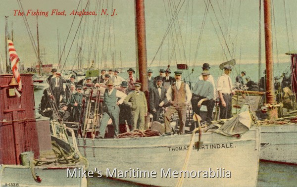 ANGELSEA, NJ FISHING FLEET – 1910 The Angelsea, NJ fishing fleet in 1910. Sunday fishing on the "THOMAS MARTINDALE" in Angelsea, NJ (now called Wildwood, NJ). Notice the fine fishing garb worn by the anglers.