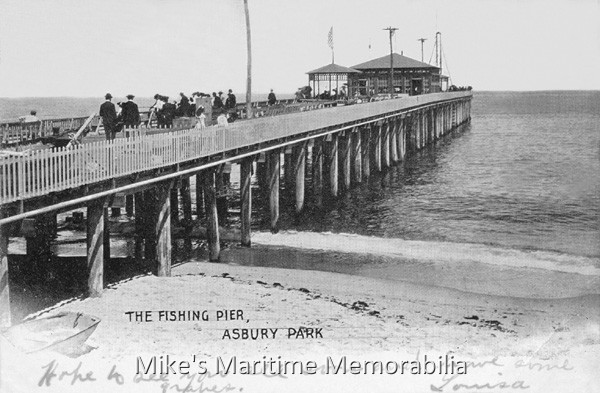 ASBURY PARK FISHING PIER, Asbury Park, NJ – 1906 The Asbury Park, NJ Fishing Pier in 1906. Complete with fishermen in suits and fedora hats.